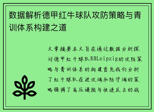 数据解析德甲红牛球队攻防策略与青训体系构建之道
