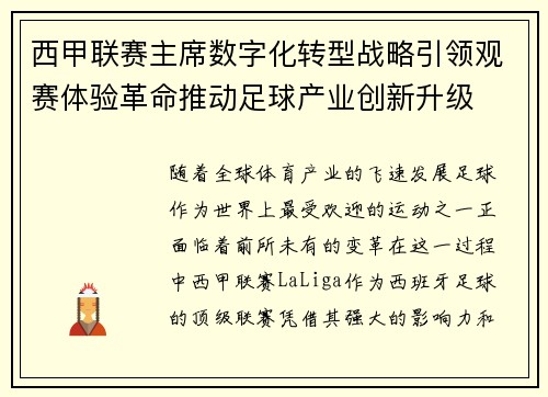 西甲联赛主席数字化转型战略引领观赛体验革命推动足球产业创新升级